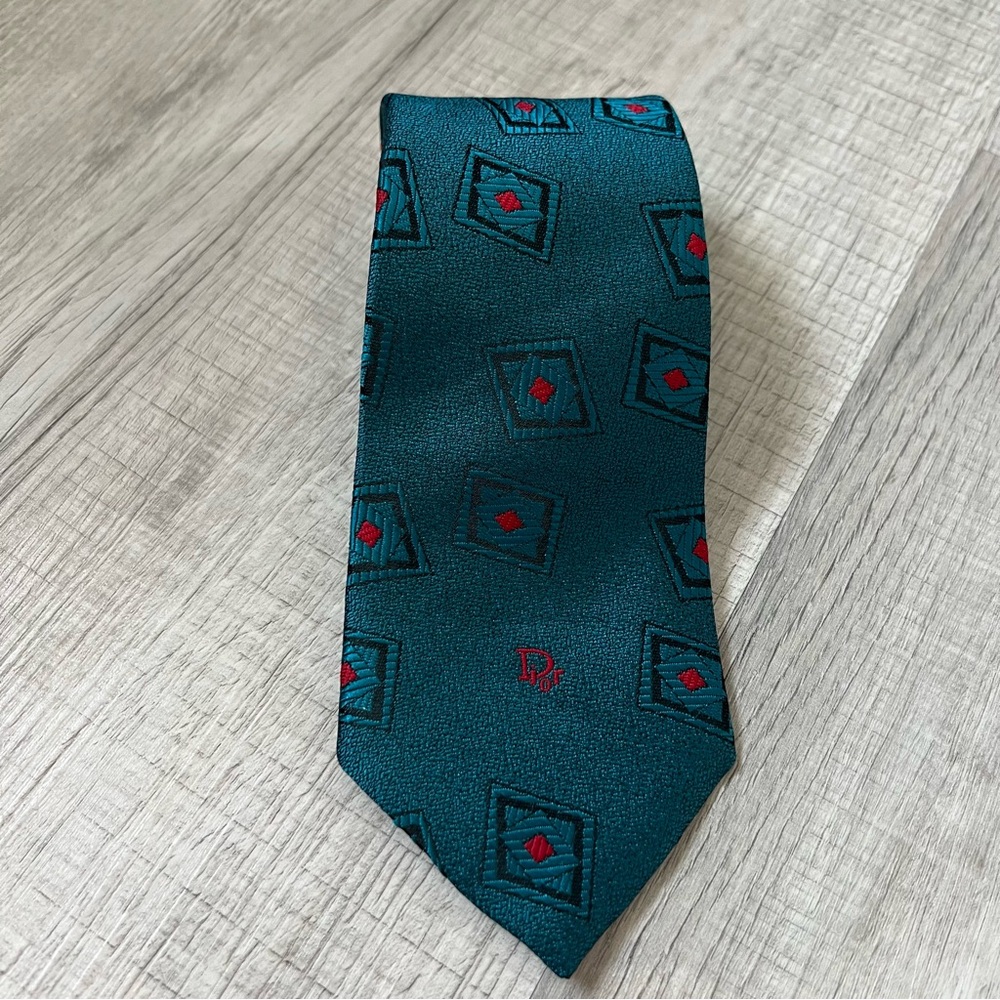 VINTAGE CHRISTIAN DIOR Silk Blend Teal Sheen Tie Pattern - Picture 3 of 10